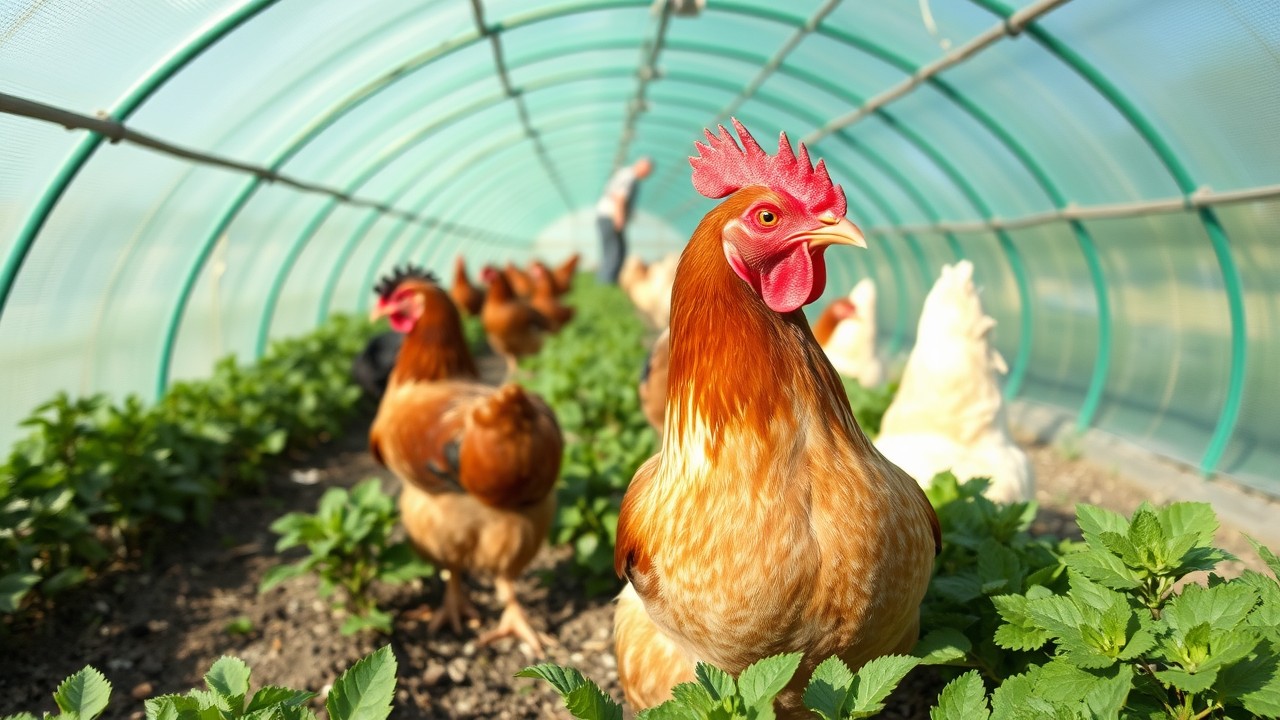 Rhode Island Red chicken in large green-color polyethylene tunnel greenhouse