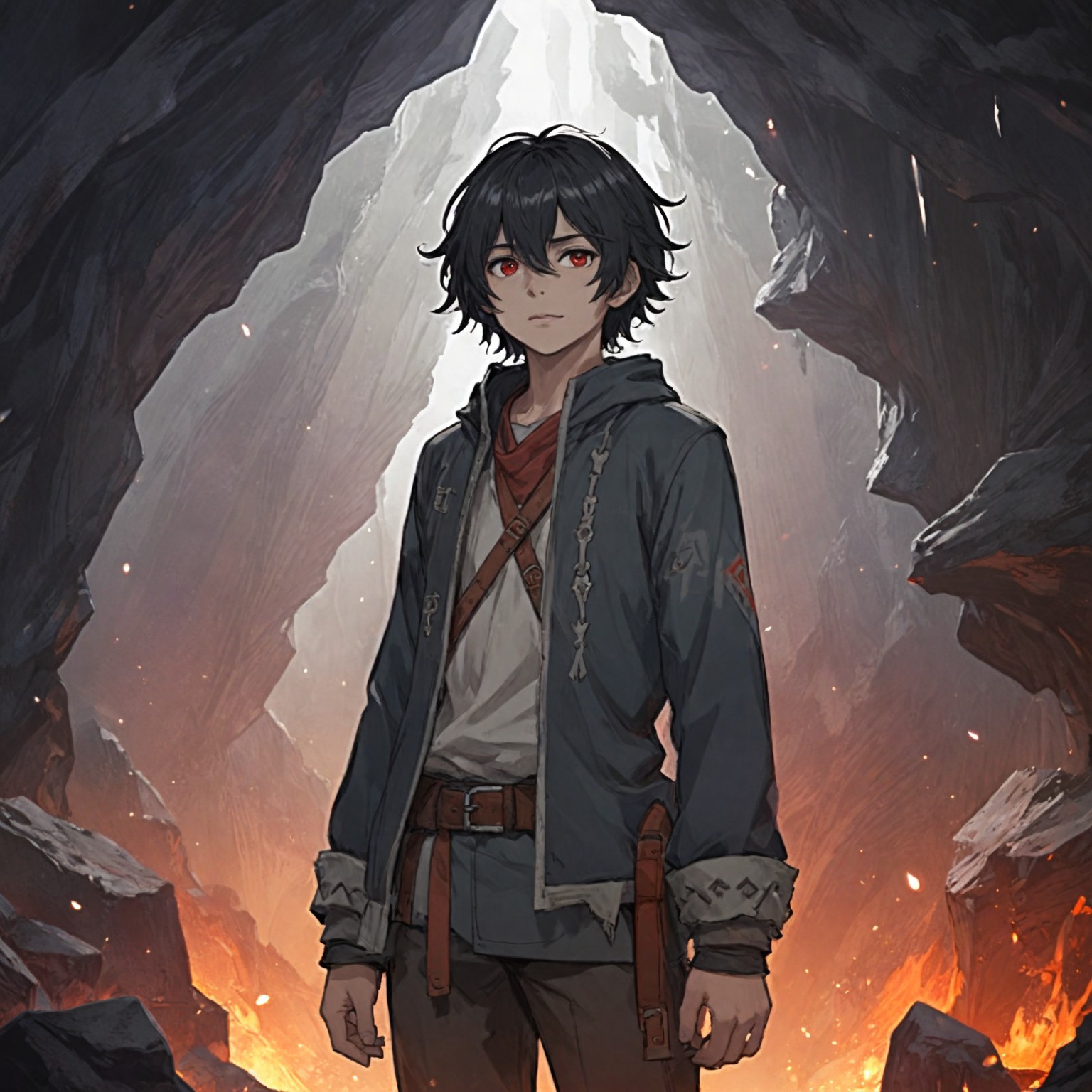 {  
  "prompt": "A teenage boy around 14-15 years old, resembling a young Kronos from a fantasy world, with black hair and striking red eyes. He is standing inside a dark and mysterious cave. The rough cave walls are illuminated by glowing crystals that emit a faint, magical light. The boy wears rugged, slightly torn clothing, with dirt and dust on his attire, reflecting the struggles of his journey. His expression is intense and determined, showing a mix of youthful resolve and maturity beyond his years. The atmosphere is eerie yet captivating, filled with a sense of mysticism and adventure.",  
  "size": "1024x1024"  
}