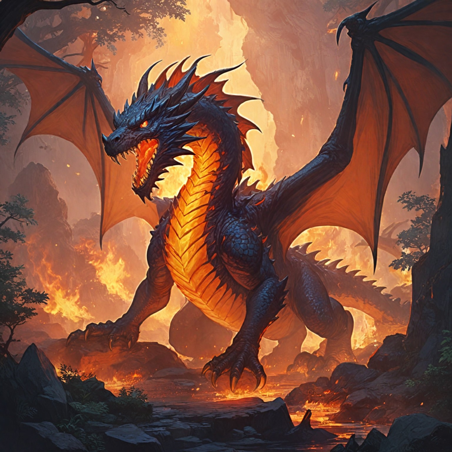 "A massive fire dragon in a deep forest surrounded by tall, ancient trees shrouded in mist. The dragon has shimmering red-gold scales that resemble flames, glowing yellow eyes, and fiery wings. It stands in front of a cave with lava flowing softly outside. The atmosphere is mystical and powerful."