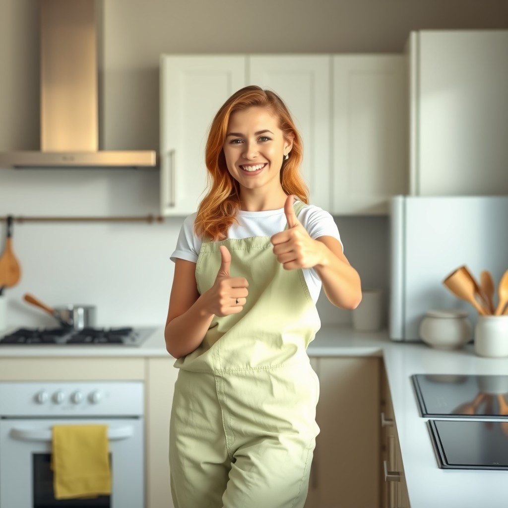 clean kitchen and a woman standing with a thumbs up