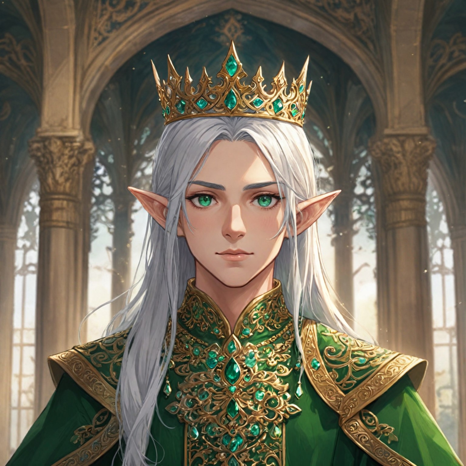 {
  "prompt": "A close-up portrait of an elf king with an aura of wisdom and warmth. He has long silver hair, striking emerald-green eyes, and a finely detailed golden crown adorned with emeralds. His facial features are sharp and regal, with a gentle yet commanding expression. The background is softly blurred with a hint of glowing light and forest elements, emphasizing his majesty and connection to nature. His royal attire features intricate patterns in green and gold, complementing his elven heritage.",
  "size": "1024x1024"
}
๨ุ๷ส่๫
{
  "prompt": "A close-up portrait of an elf king with an aura of wisdom and warmth, standing in a royal palace. He has long silver hair, striking emerald-green eyes, and a finely detailed golden crown adorned with emeralds. His facial features are sharp and regal, with a gentle yet commanding expression. The background shows an opulent palace interior, featuring high vaulted ceilings, intricate golden pillars, luxurious drapes, and glowing chandeliers. The setting highlights his majesty and royal status, blending elven elegance with grandeur.",
  "size": "1024x1024"
}