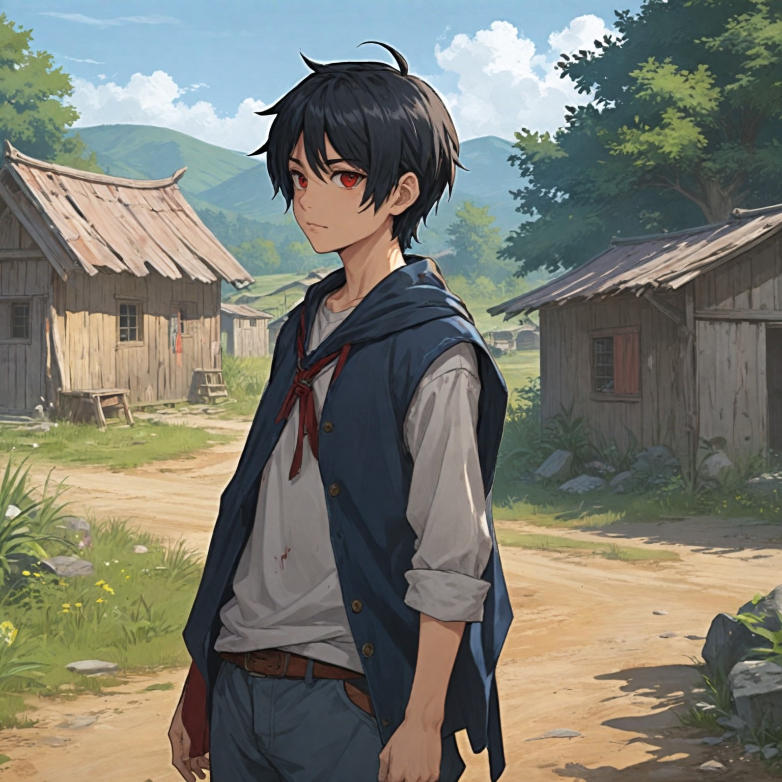 {  
  "prompt": "A teenage boy around 14-15 years old, resembling a young Kronos from a fantasy world, with black hair and striking red eyes. He is standing in a rural area, wearing ragged and torn clothing resembling a beggar's attire. The fabric is frayed and patched, with dirt and stains covering it, reflecting a life of hardship and poverty. The setting includes simple wooden houses, dirt paths, and open fields, with a distant forest in the background. The boy's expression is serious and determined, showing inner strength and resilience despite his humble and challenging circumstances.",  
  "size": "1024x1024"  
}